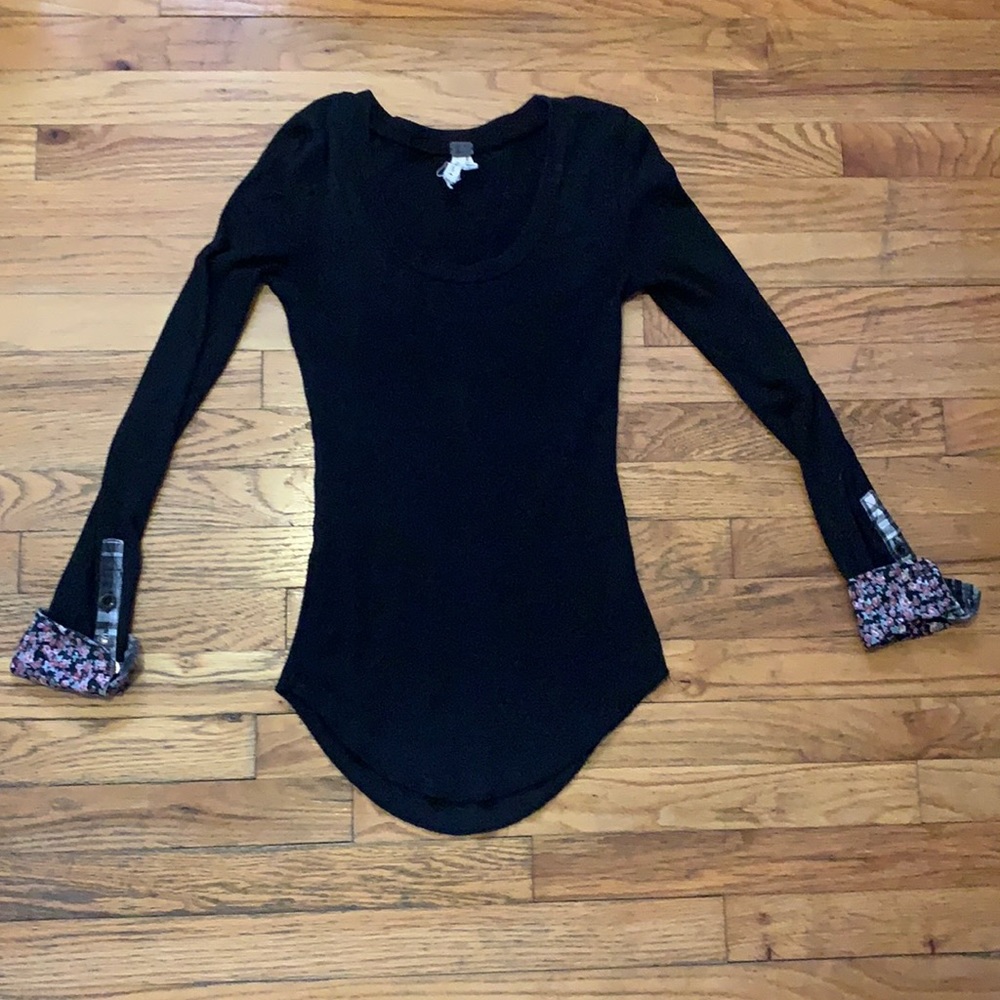 Free People black thermal plaid floral trim cuffs